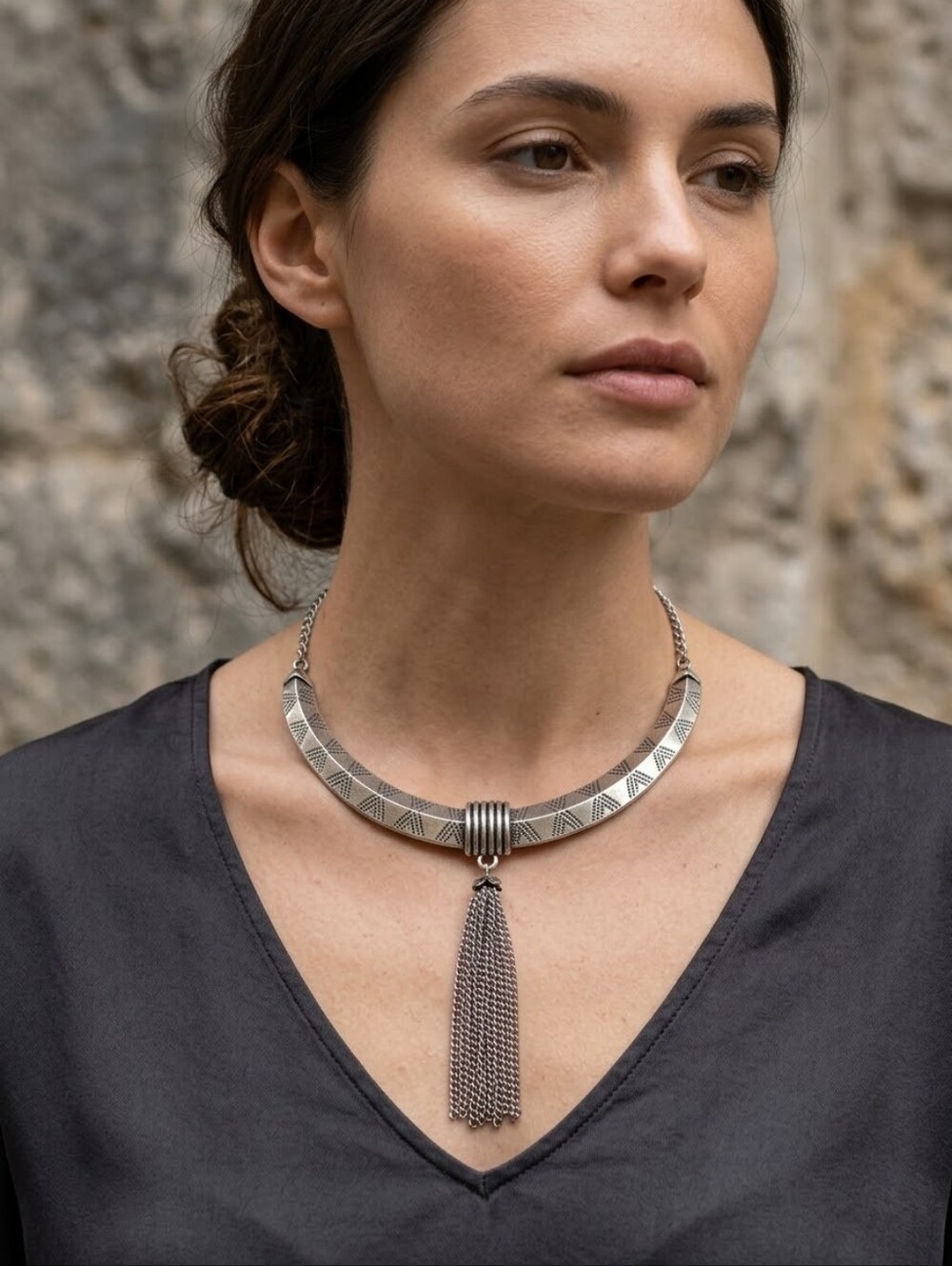 Sterling-Style Silver Tassel Collar Necklace